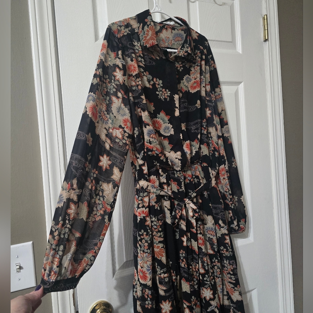 Molly Bracken Floral Print Ruffle Hem Midi Shirt Dress, Stretch Waist, EUC! - Picture 3 of 16